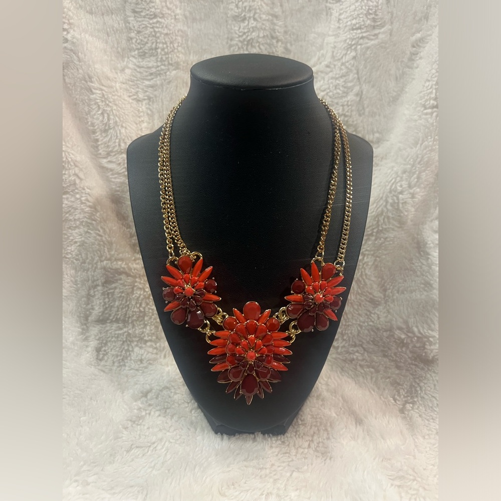 Red Floral Statement Necklace & Earring Set Bold Glam Jewelry